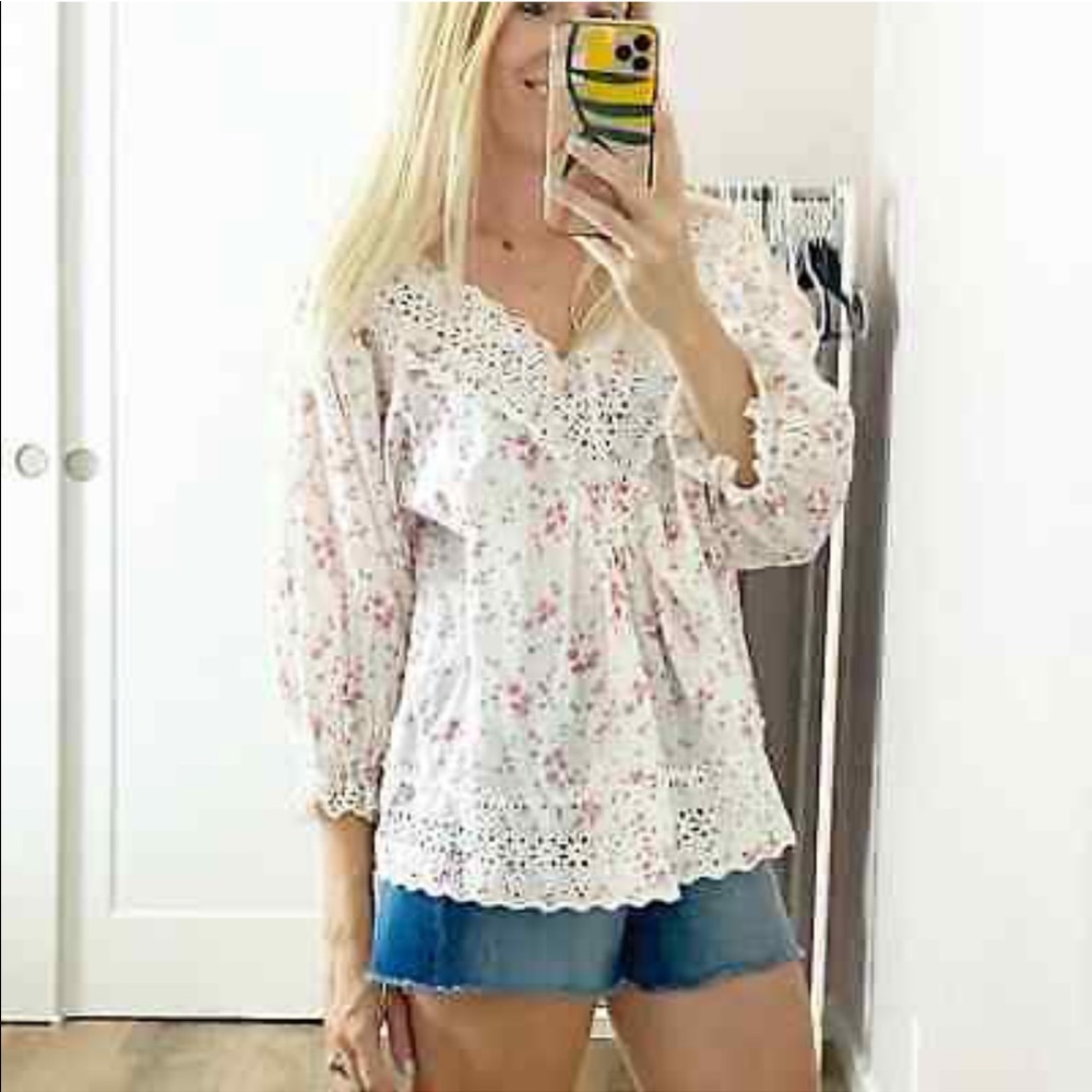 By TiMo 💖 floral roses cotton eyelet top summer blouse v neck puff sleeve $275